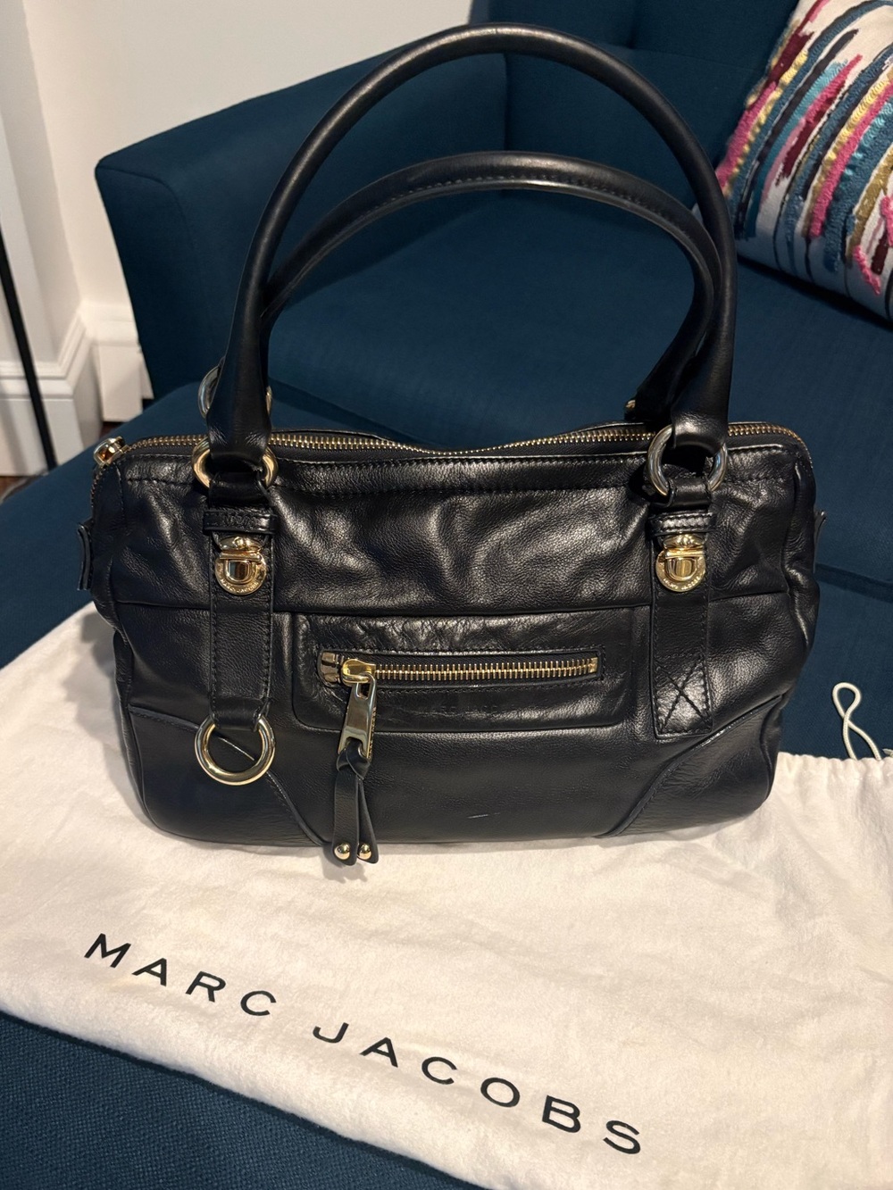 Marc Jacobs Black Leather Double-Handle Satchel with Gold Hardware